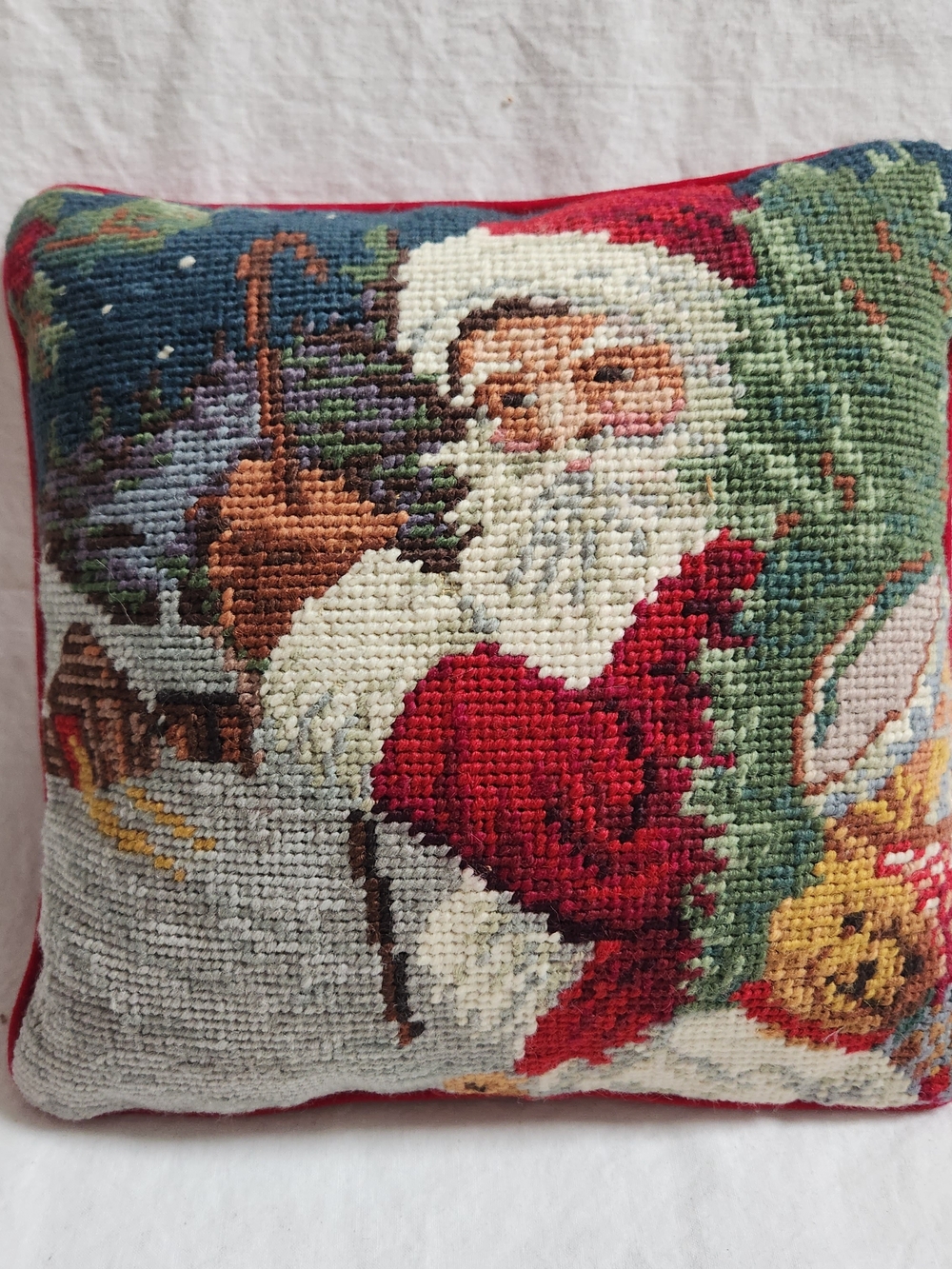 Vintage Santa Needlepoint Holiday Pillow - Red, Green, White